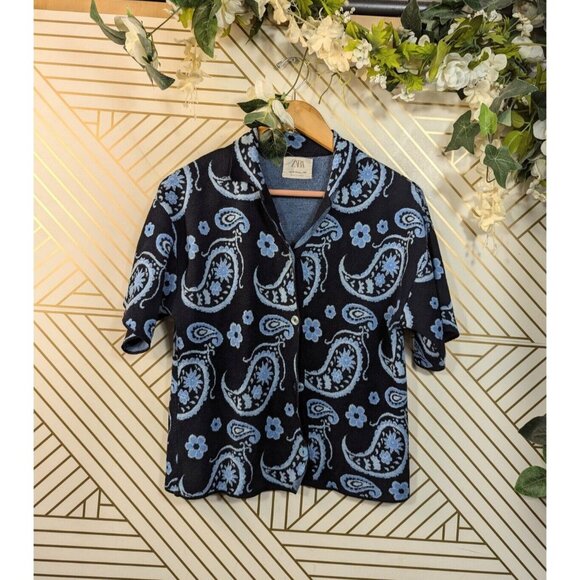 ZARA GIRLS Jacquard Shirt Button Up Blue Paisley Knit Collared Size 13/14 - Picture 1 of 7